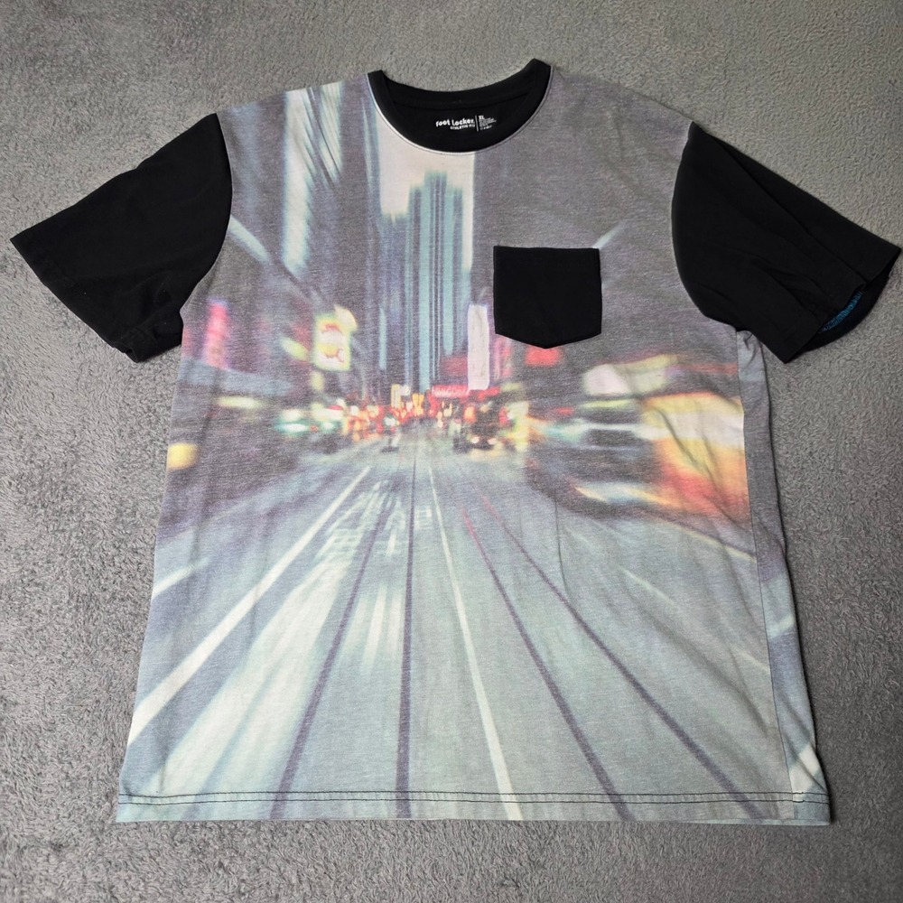Foot Locker Mens XL T-Shirt Black Cityscape Graphic Pocket Athletic Fit Tee